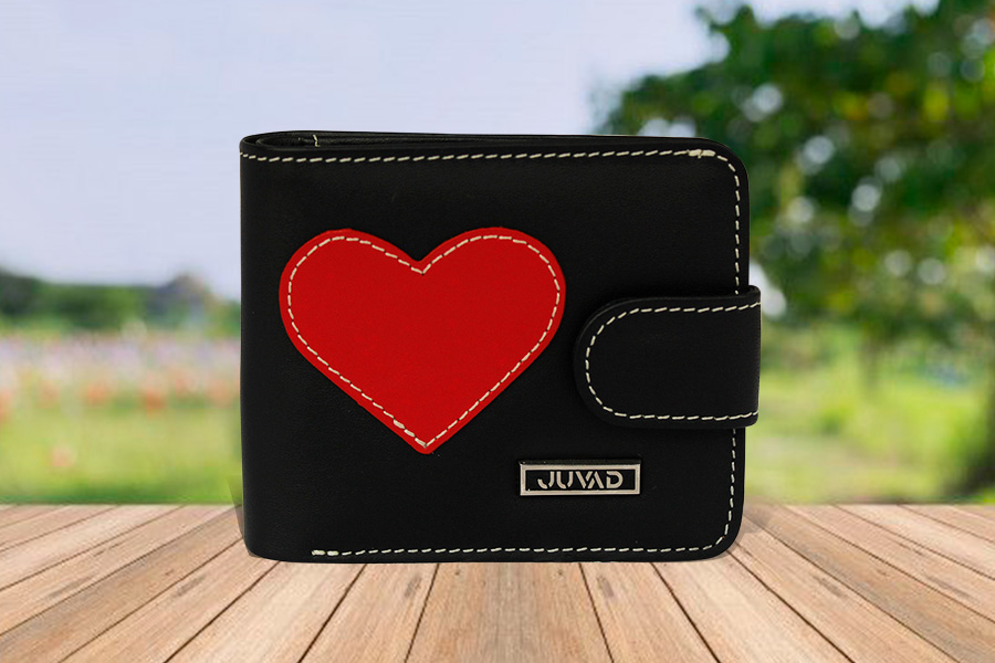 Billetera Monedero Cuero Dern Negro Corazón Rojo